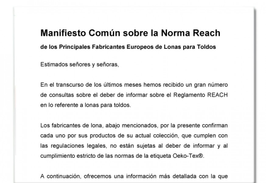 Manifiesto Común sobre la Norma Reach de los principales fabricantes europeos de lonas para toldo